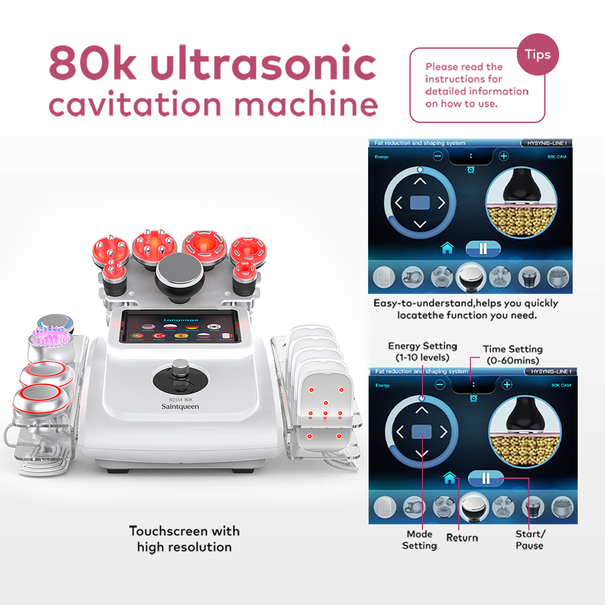 SQ154A Max | Equipo de cavitación 80K 11 en 1 con RF multipolar y masaje de vacío
