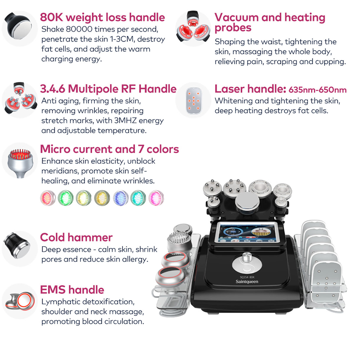 SQ154C Max | Equipo de cavitación 80K 11 en 1 con RF multipolar y masaje de vacío Imagen secundaria del producto