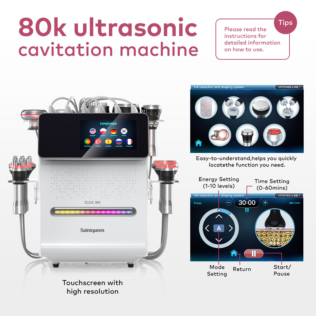 SQ126A Max | Equipo de cavitación 80K 11 en 1 con RF multipolar y masaje de vacío