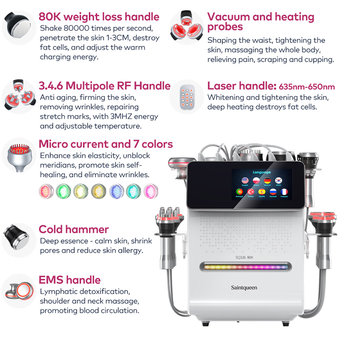 SQ126B Max | Equipo de cavitación 80K 11 en 1 con RF multipolar y masaje de vacío Imagen secundaria del producto