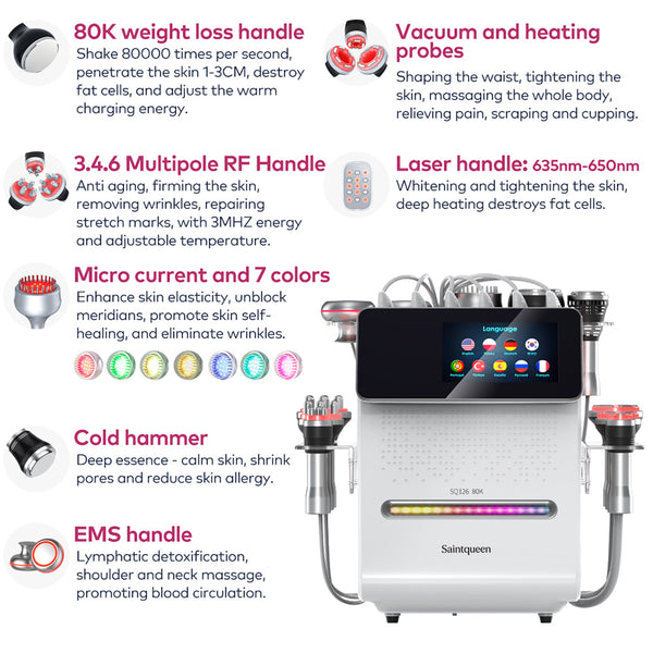 SQ126B Max | Equipo de cavitación 80K 11 en 1 con RF multipolar y masaje de vacío
