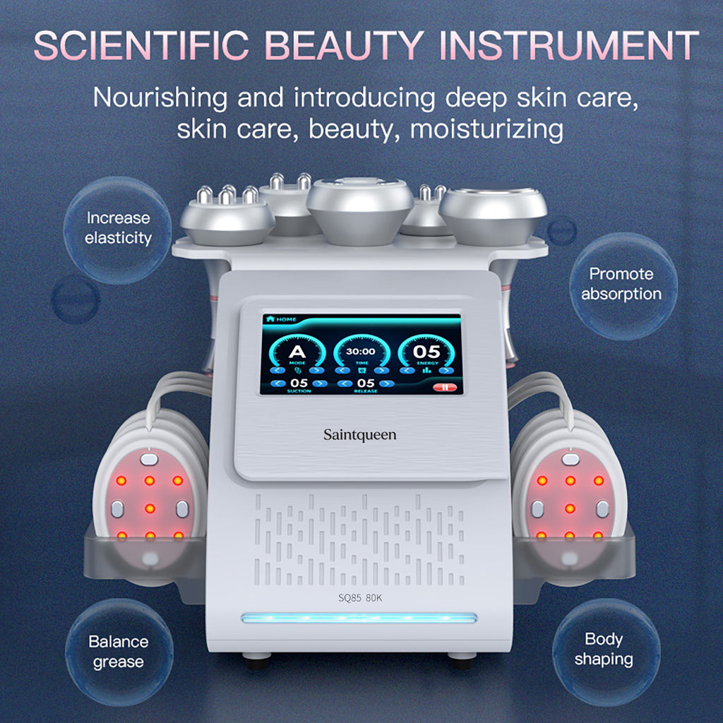 SQ85B Pro | Equipo de cavitación 80K 6 en 1 con RF multipolar y masaje de vacío
