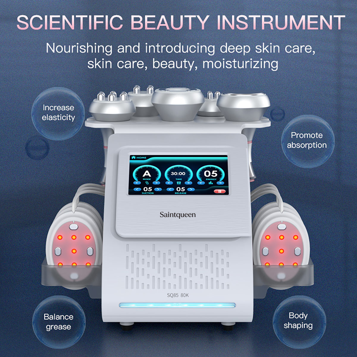 SQ85B Pro | Equipo de cavitación 80K 6 en 1 con RF multipolar y masaje de vacío