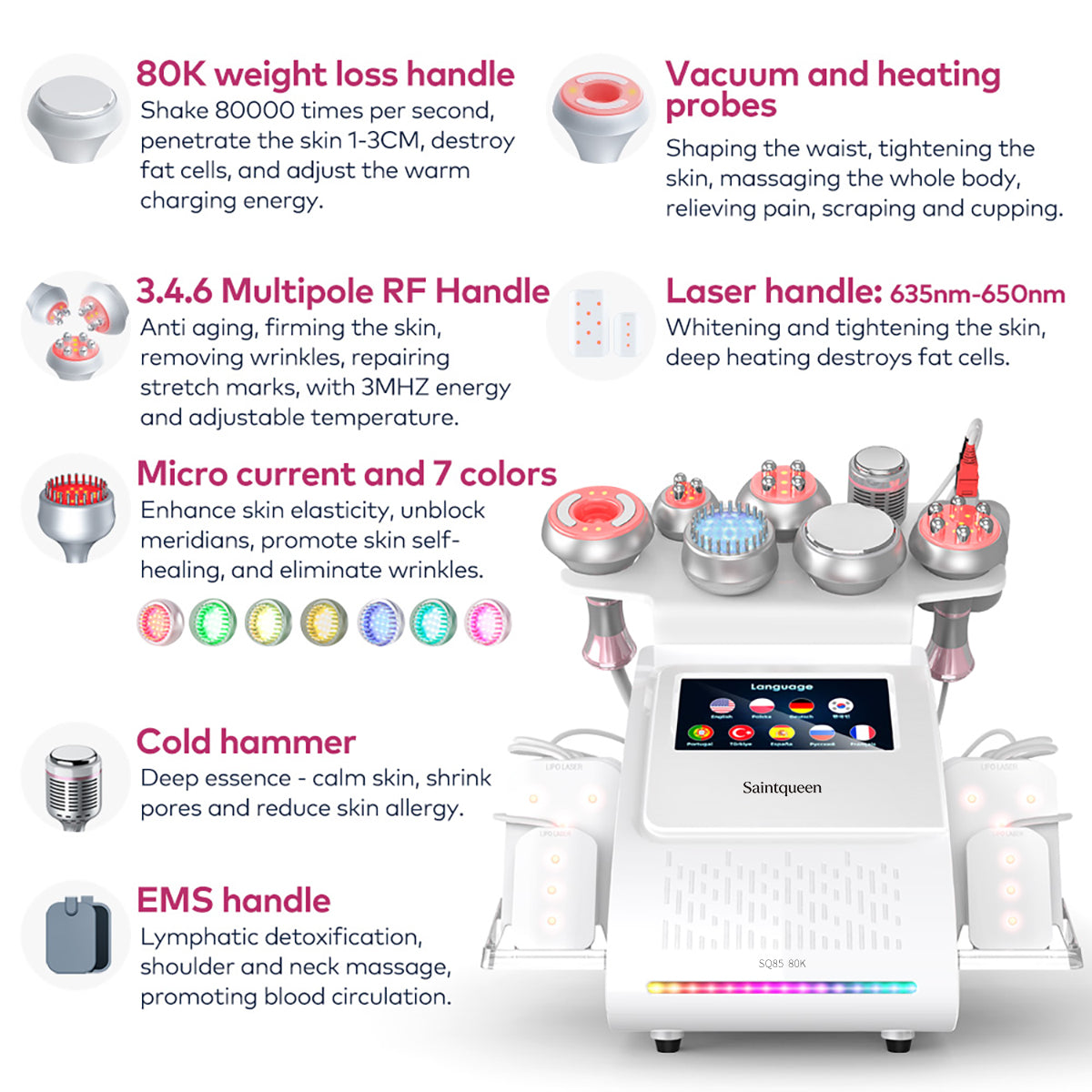 SQ85D Plus | Equipo de cavitación 80K 9 en 1 con RF multipolar y masaje de vacío Imagen secundaria del producto