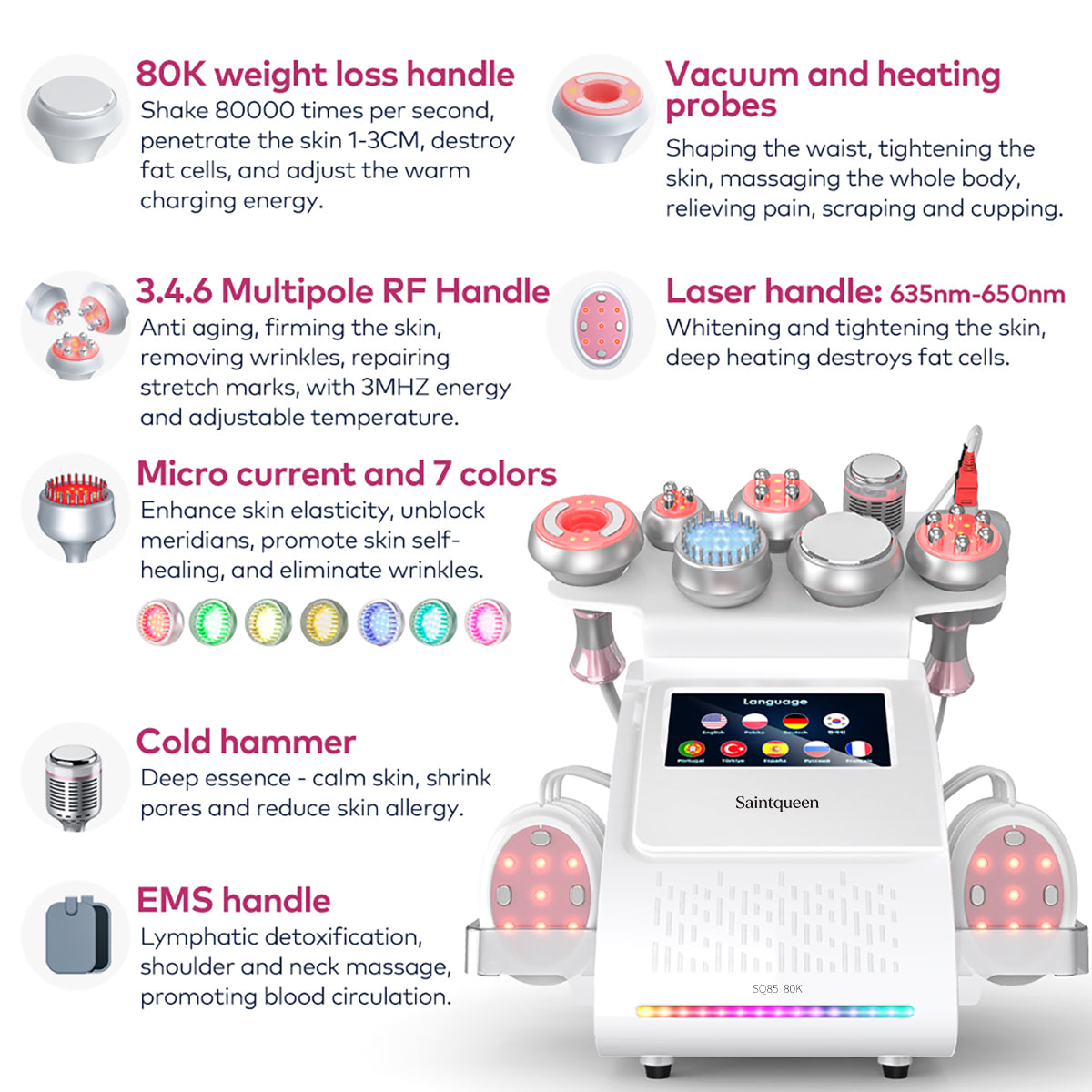 SQ85E Plus | Equipo de cavitación 80K 9 en 1 con RF multipolar y EMS