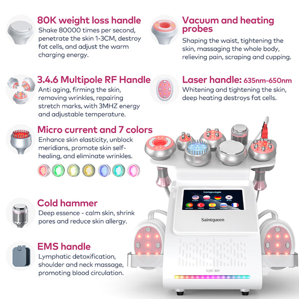SQ85E Plus | Equipo de cavitación 80K 9 en 1 con RF multipolar y EMS