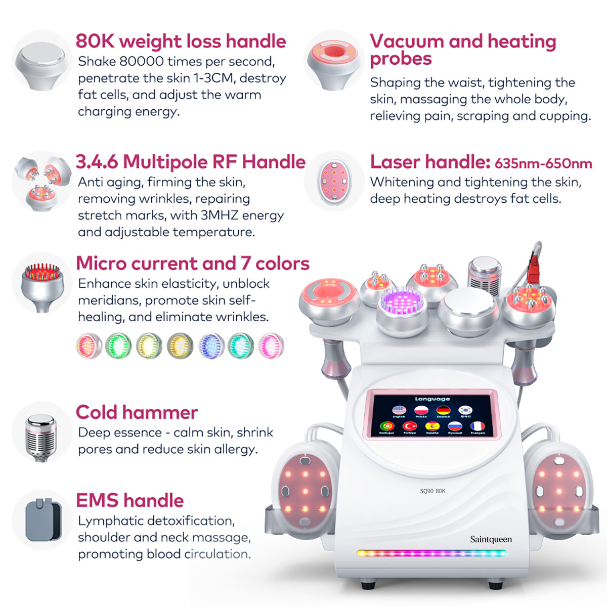 SQ90E Plus | Equipo de cavitación 80K 9 en 1 con RF multipolar y masaje de vacío