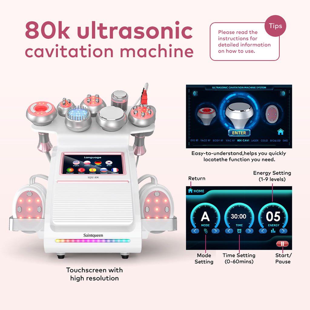 SQ92E Plus | Equipo de cavitación 80K 9 en 1 con RF multipolar y microcorriente